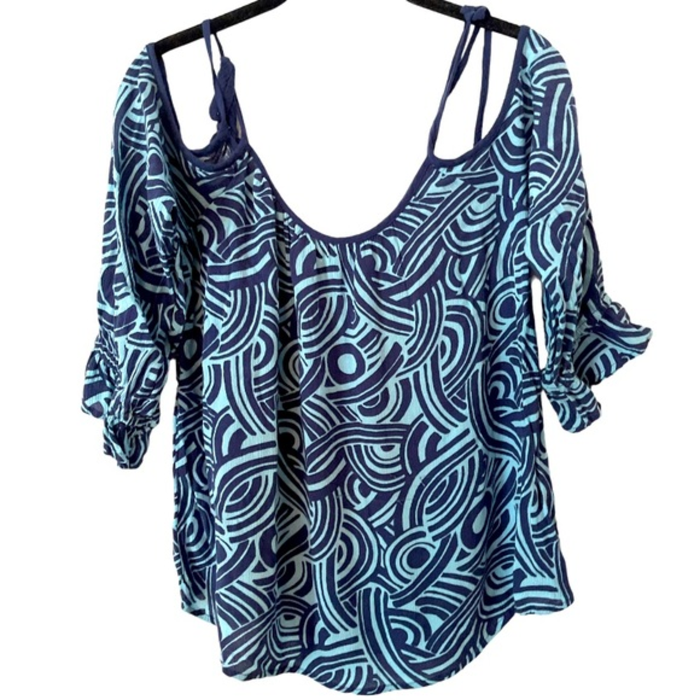 Aerie AE Womens‎ S Cold Shoulder Tassel Tie Hippie Boho Peasant Top Blue Swirl